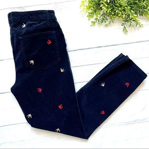 Boden The Soho Skinny Pants Navy Blue Embroidered Birds Womens Size 10